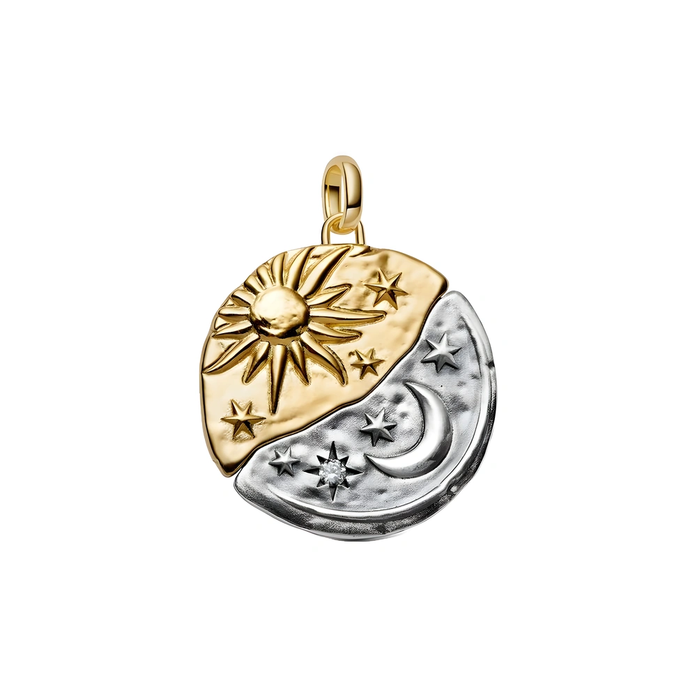 Sun and moon sterling silver and 14k gold-plated medallion with clear cubic zirconia