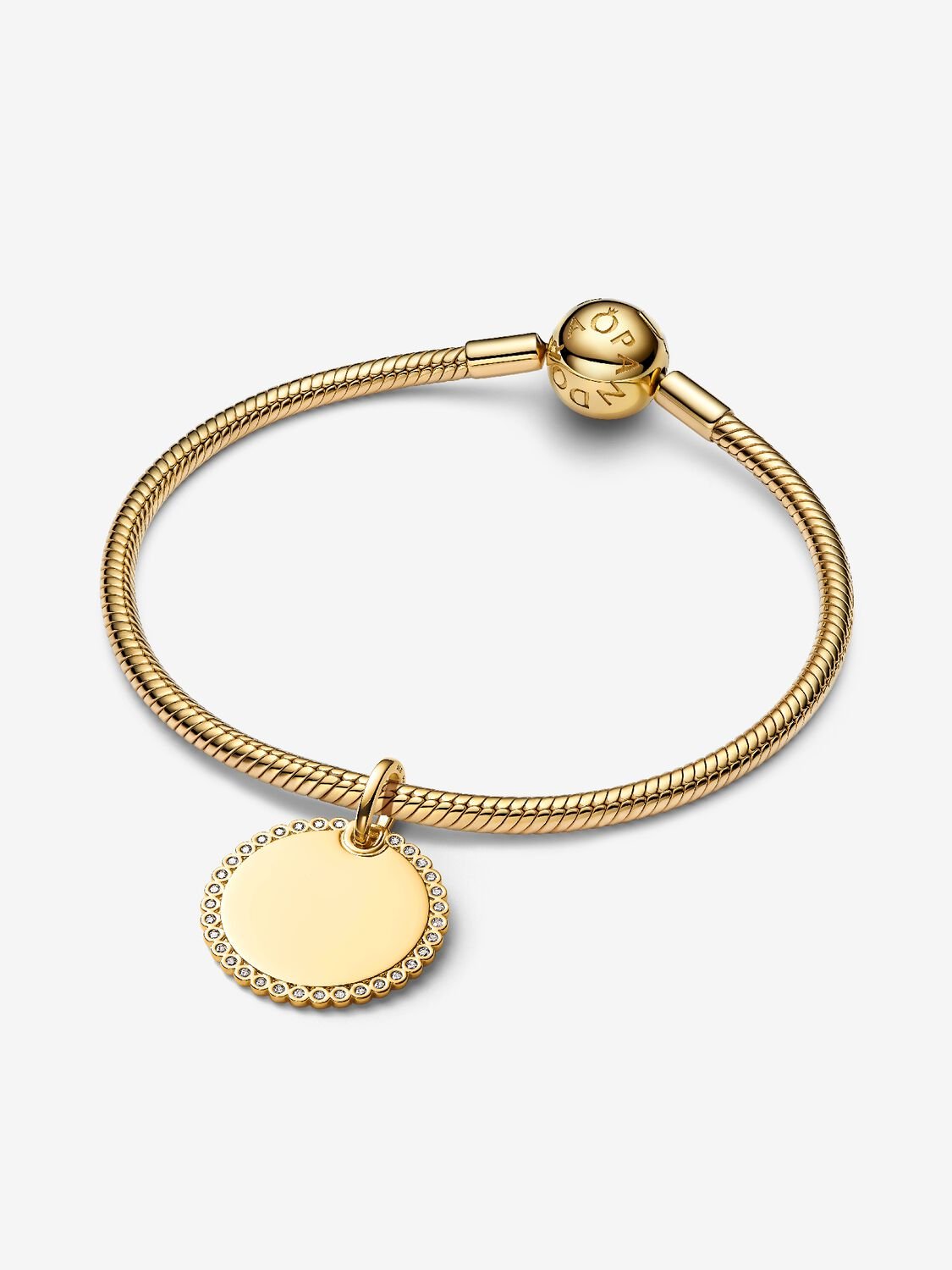 Engravable round 14k gold-plated pendant with clea