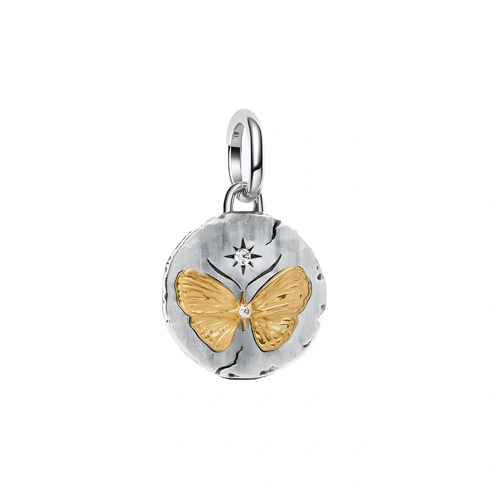Butterfly sterling silver and 14k gold-plated medallion with clear cubic zirconia