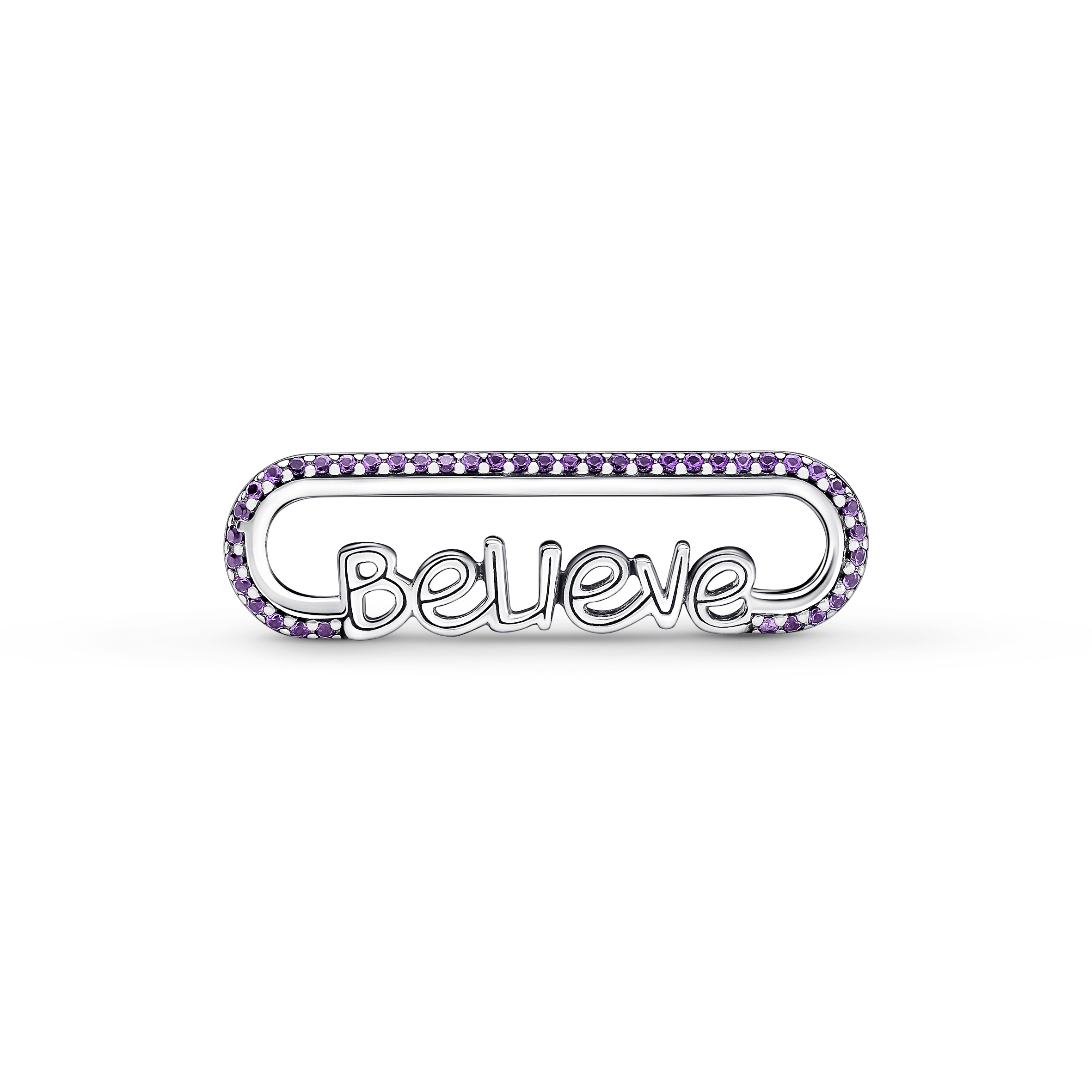 Believe script sterling silver word link with royal purple crystal