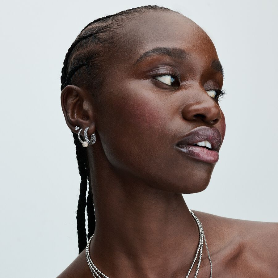 Sterling silver hoop Earrings with clear cubic zirconia and white treated freshwater cultured pearl