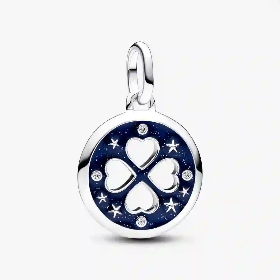 Clover sterling silver medallion with clear cubic zirconia and glittery blue enamel