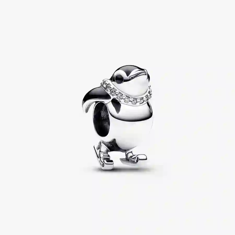 Skiing penguin sterling silver charm with clear cubic zirconia and black enamel