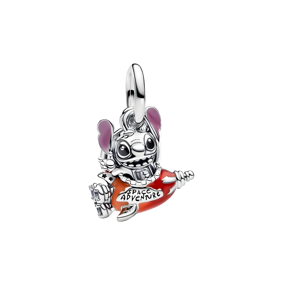 Disney Stitch rocket sterling silver double dangle with clear cubic zirconia, purple, black, red and