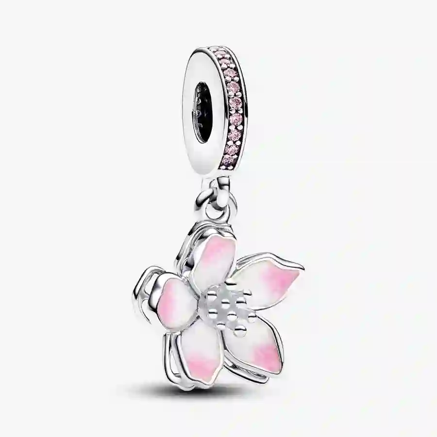 Movable cherry blossom sterling silver dangle with
