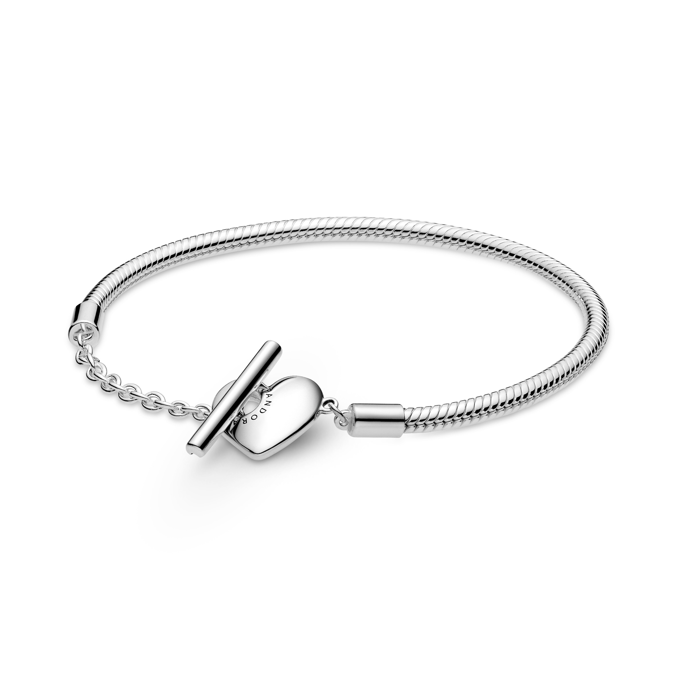 Snake chain sterling silver T-bar heart bracelet