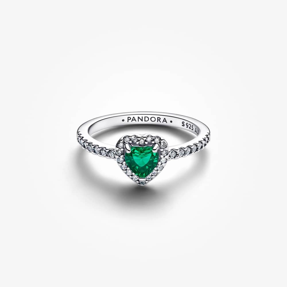 Heart sterling silver ring with royal green crystal and clear cubic zirconia