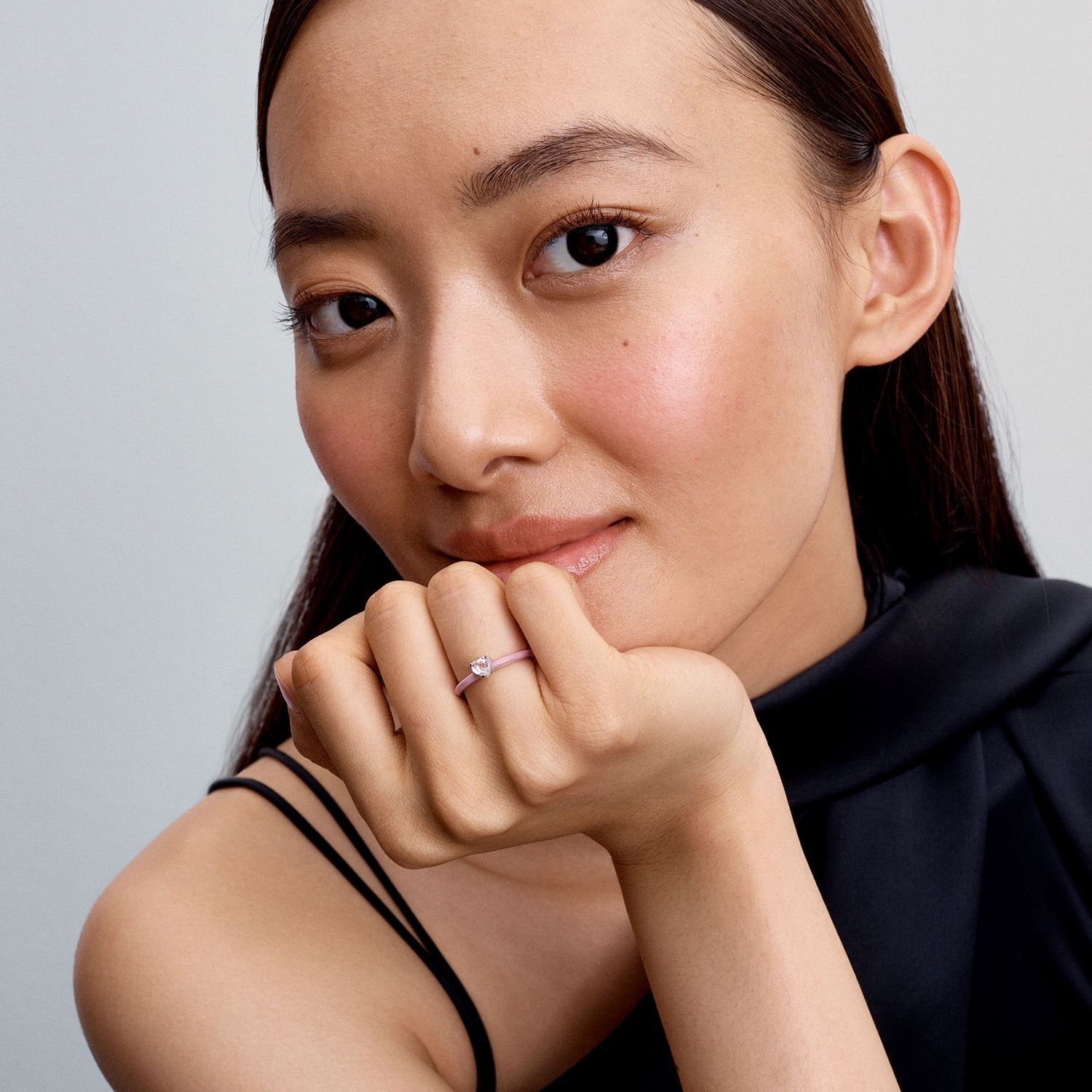 Heart sterling silver ring with orchid pink crystal and glittery pink enamel