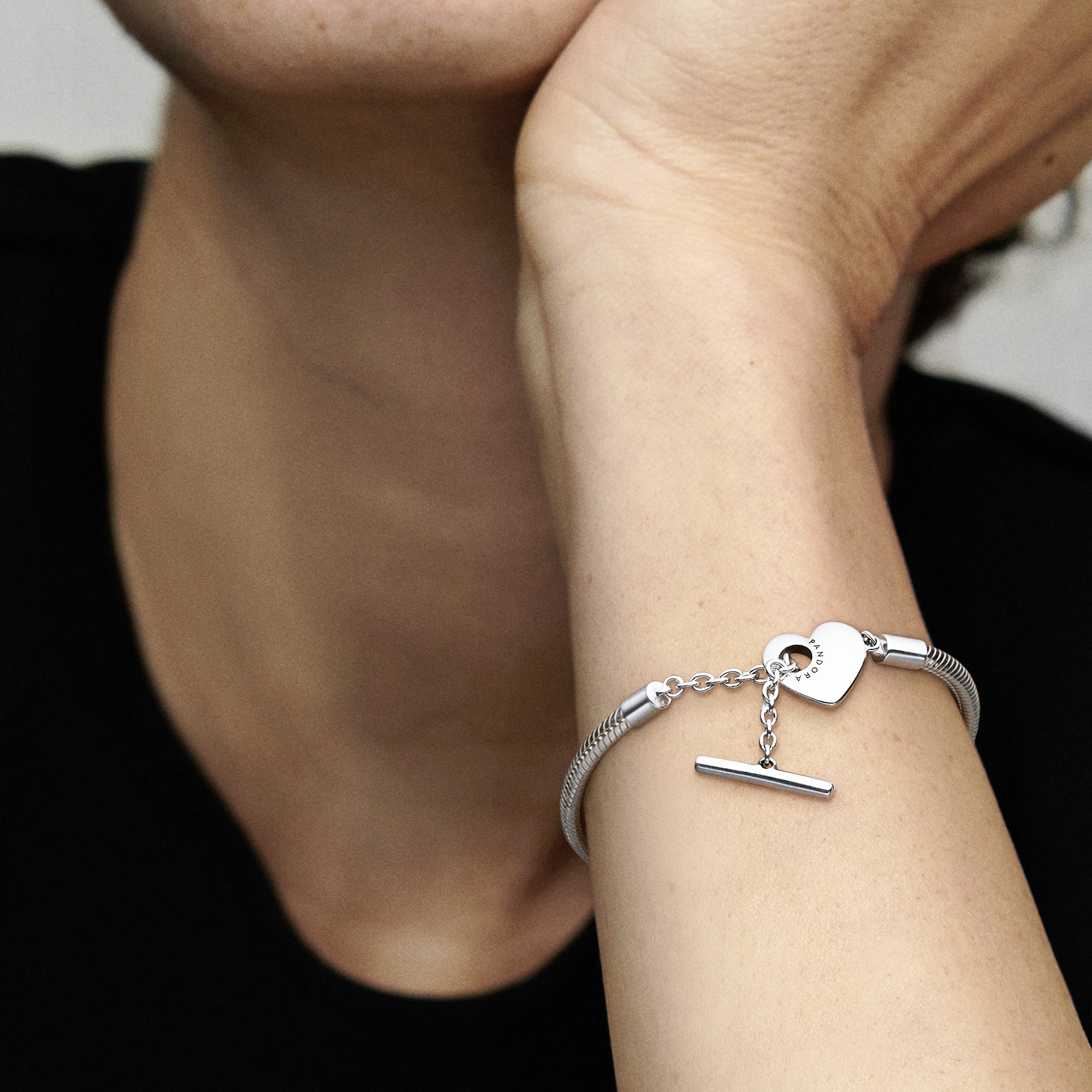 Snake chain sterling silver T-bar heart bracelet