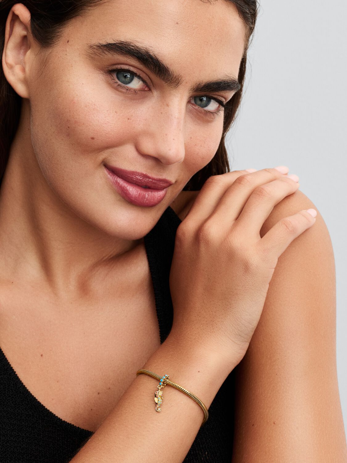 Seahorse 14k gold-plated dangle with clear cubic zirconia, capri blue crystal and phlox pink crystal