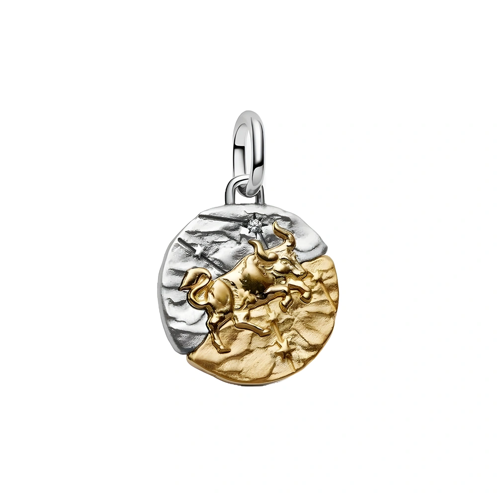 Taurus sterling silver and 14k gold-plated medallion with clear cubic zirconia