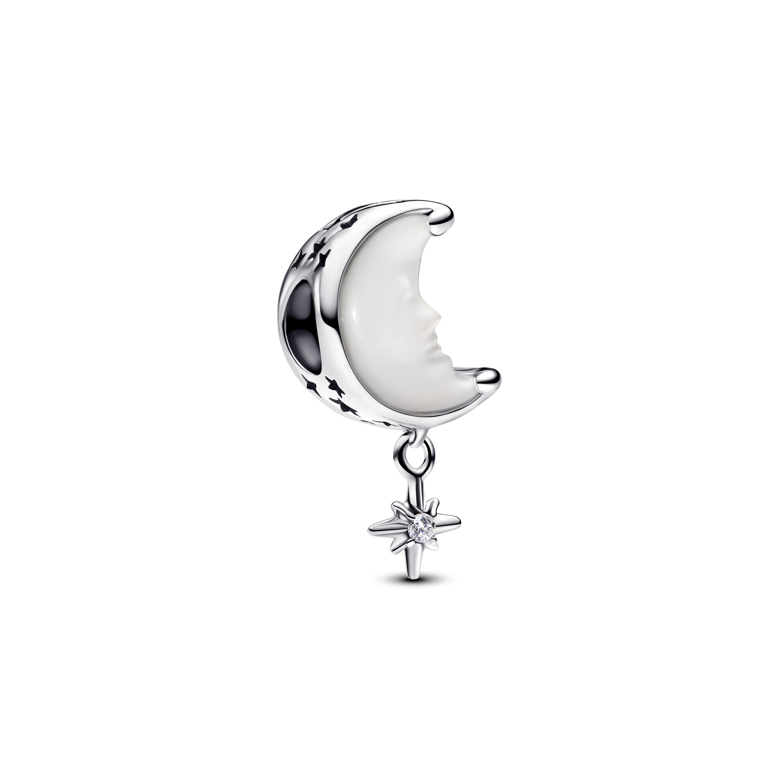 Moon and star sterling silver charm with white bio