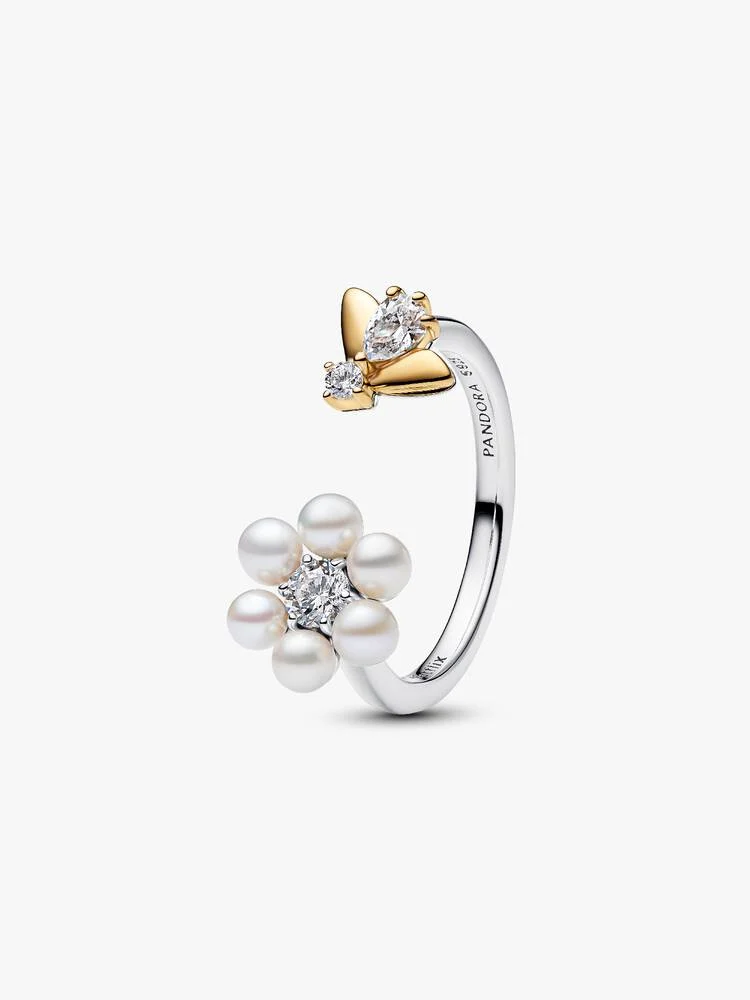 Flower and bee sterling silver and 14k gold-plated open ring with treated white freshwater cultured 