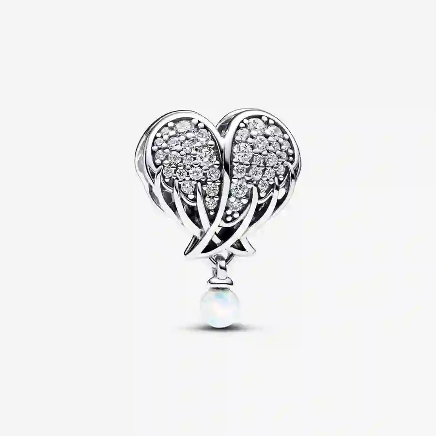 Angel wing heart sterling silver charm with clear 
