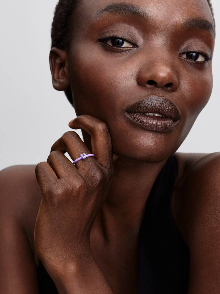 Heart sterling silver ring with royal purple crystal and purple enamel