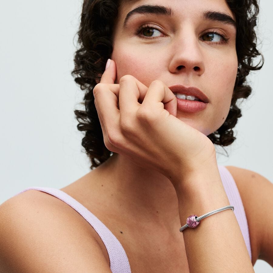 Pink rose sterling silver charm with transparent p