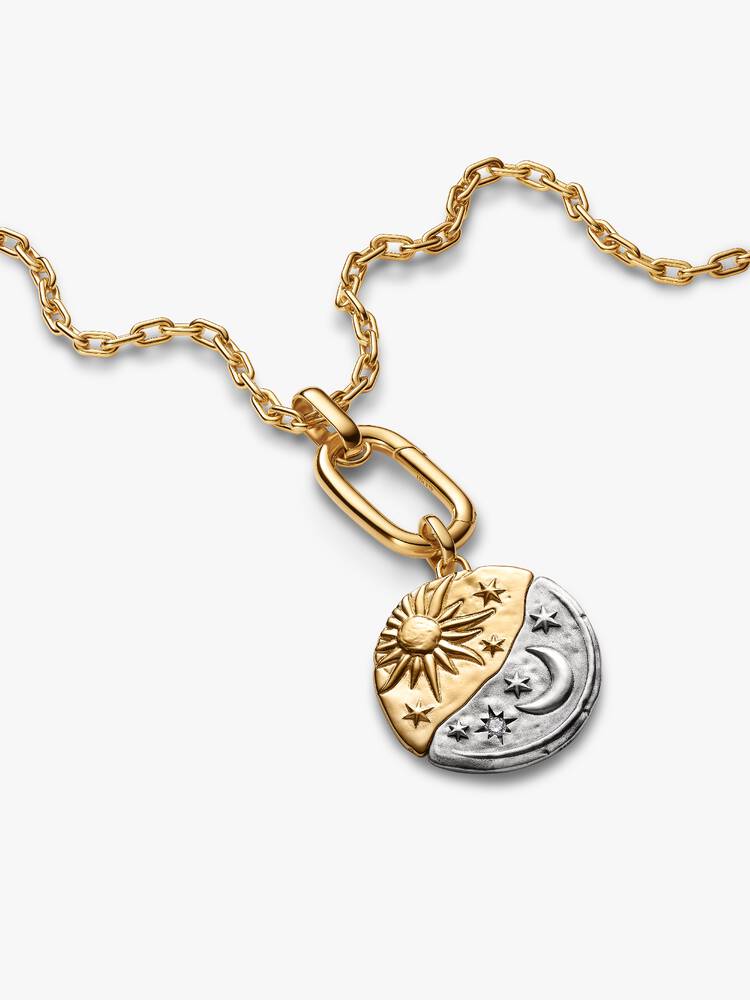 Sun and moon sterling silver and 14k gold-plated medallion with clear cubic zirconia