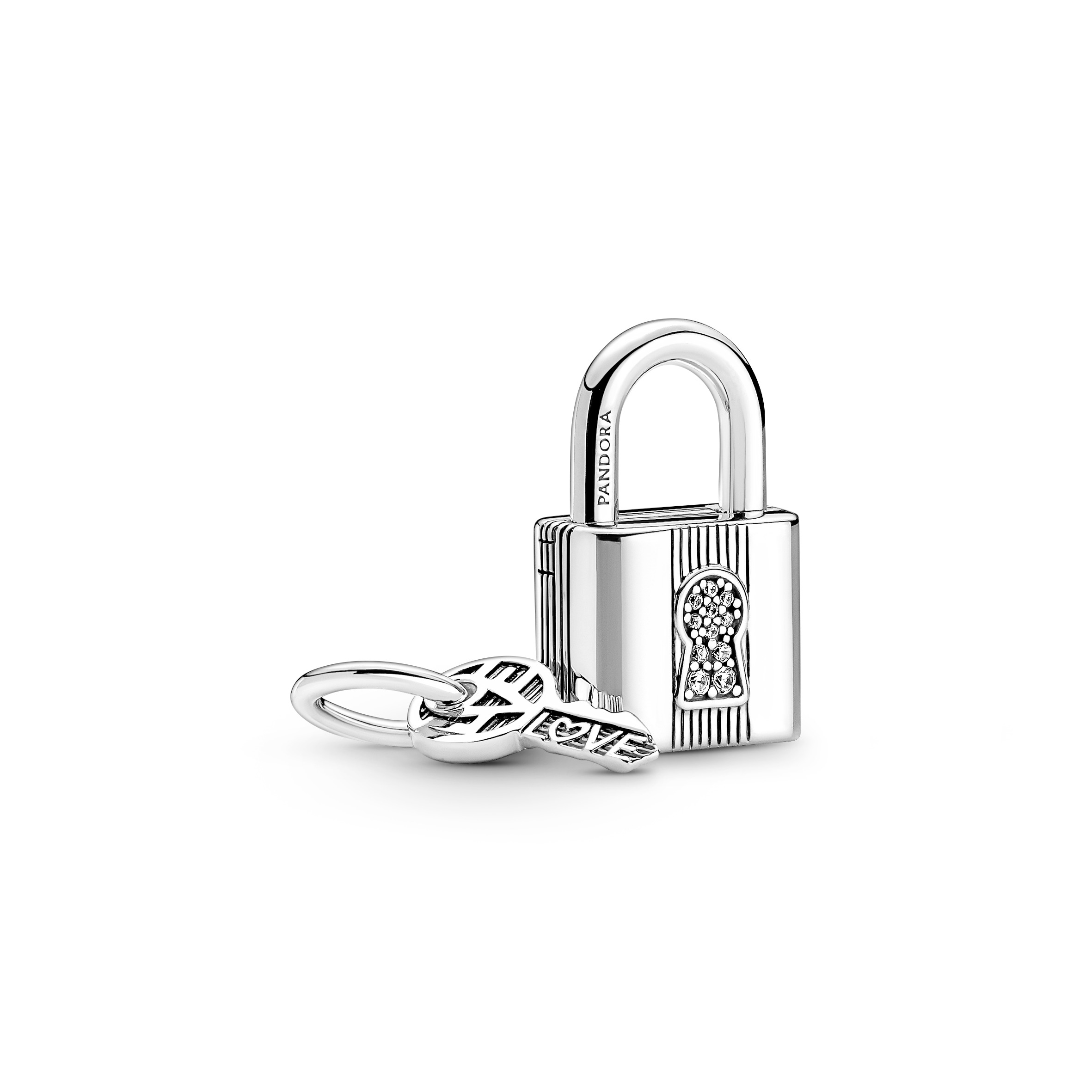 Padlock and key sterling silver dangle with clear 