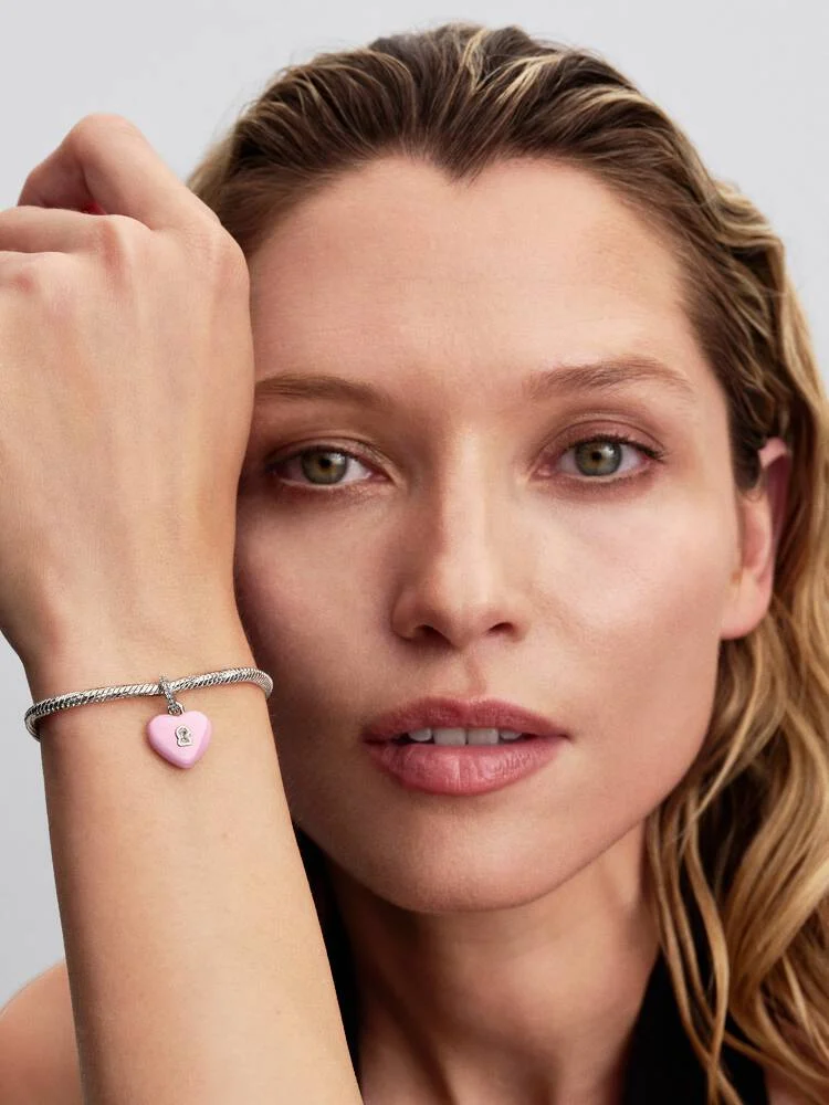 Heart padlock sterling silver dangle with pink cer