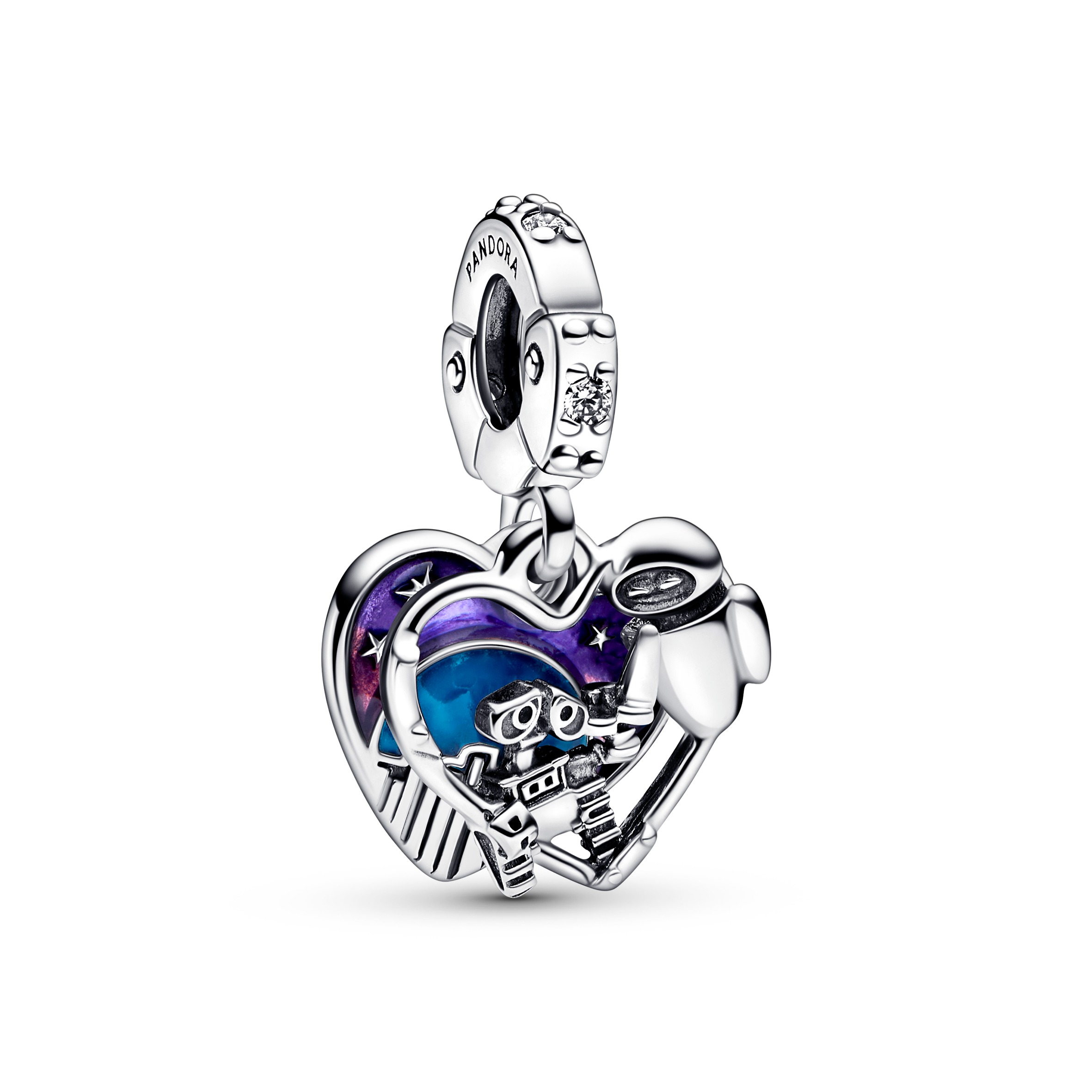 Disney Wall-E and Eve heart sterling silver double dangle with clear cubic zirconia, shaded purple t