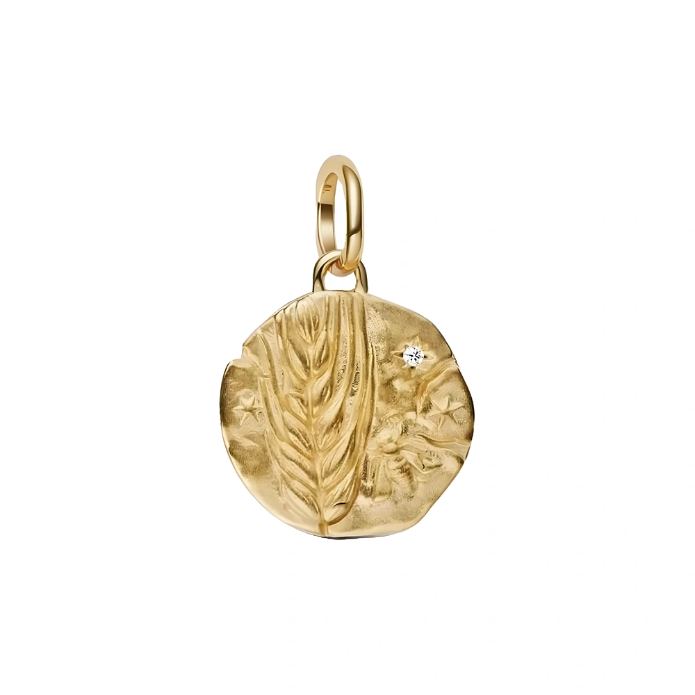 Wheat 14k gold-plated medallion with clear cubic zirconia