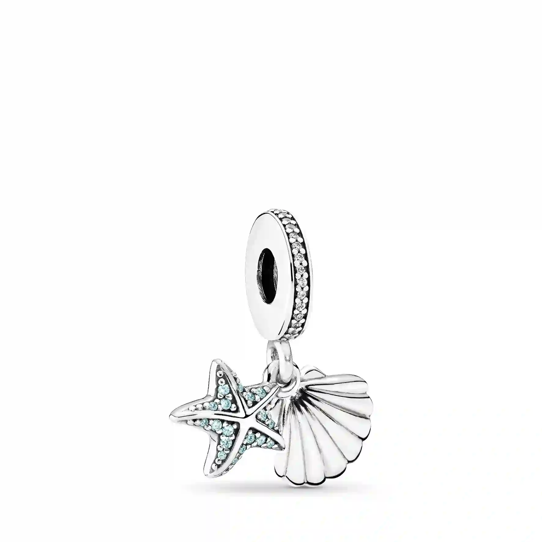 Starfish and shell silver dangle with frosty mint cubic zirconia and clear cubic zirconia/Серебряная
