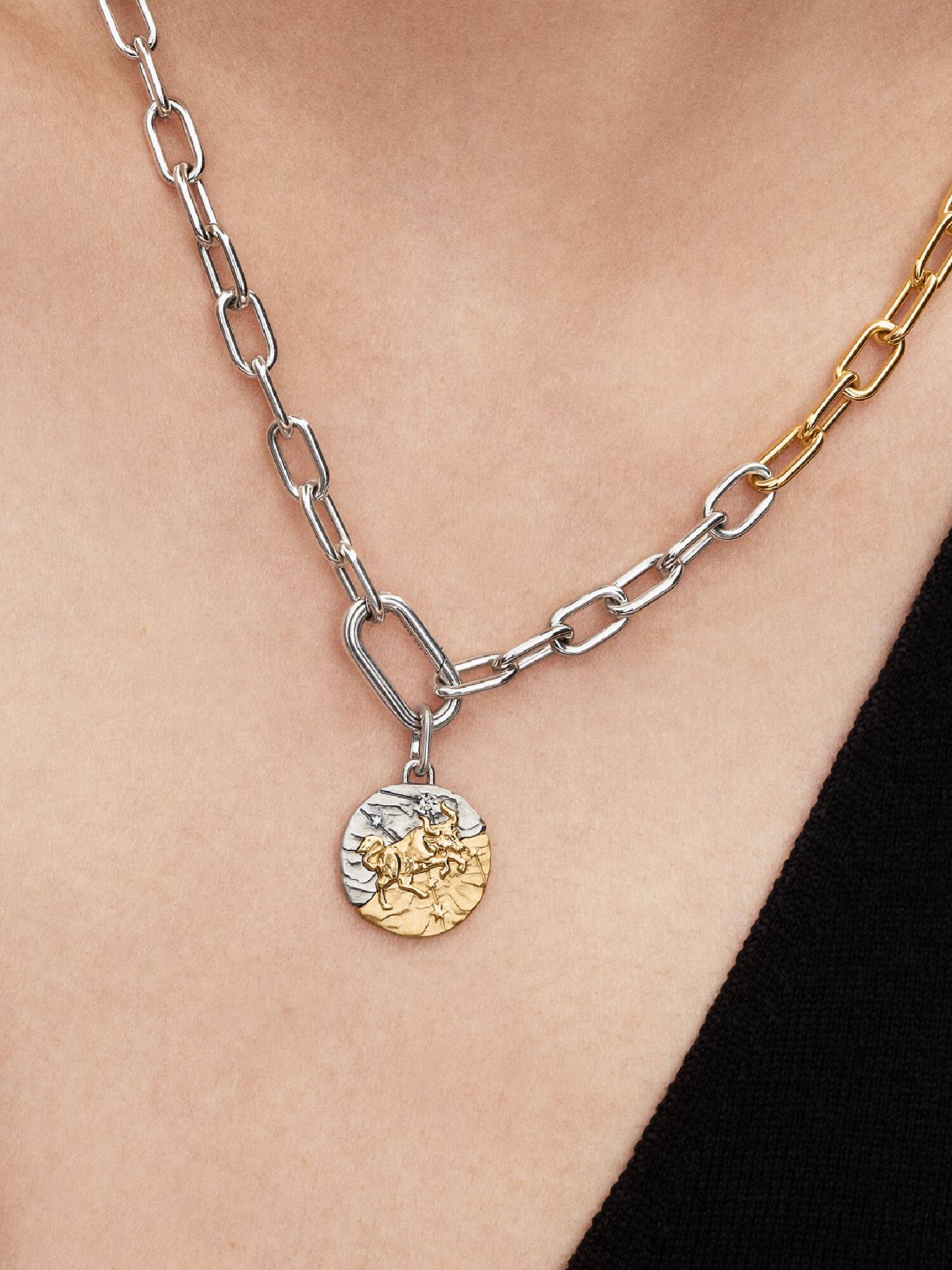 Taurus sterling silver and 14k gold-plated medallion with clear cubic zirconia