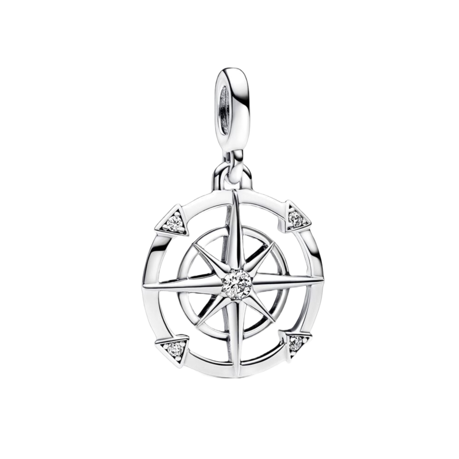 Compass sterling silver medallion with clear cubic zirconia