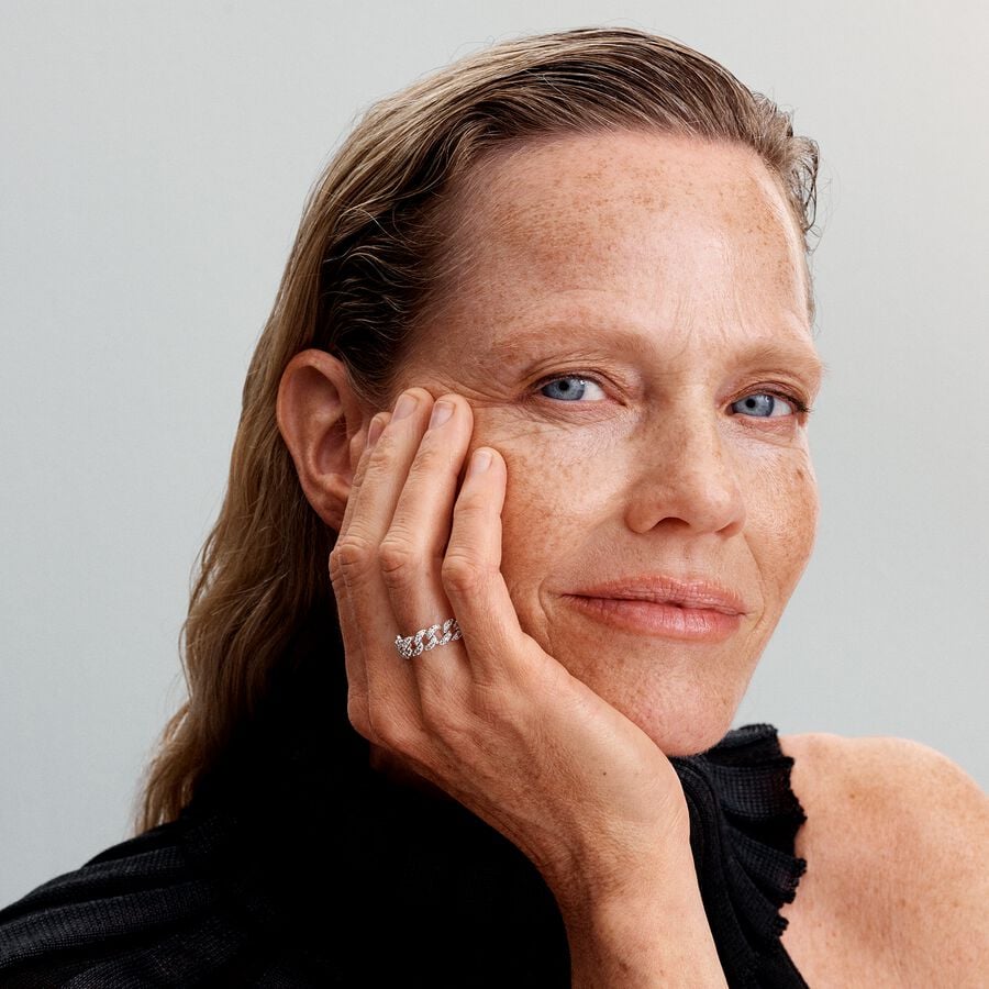 Cuban chain sterling silver ring with clear cubic 