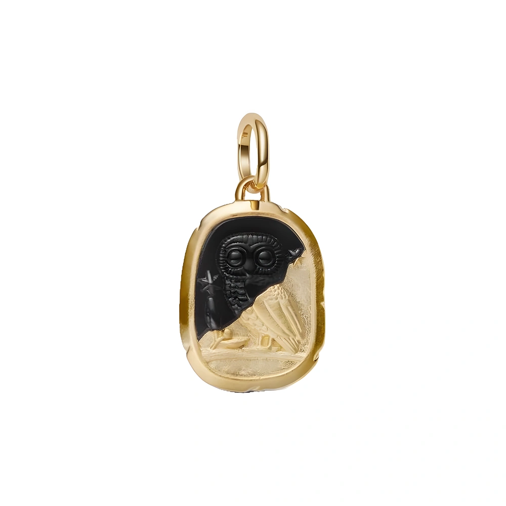 Owl 14k gold-plated medallion with black crystal