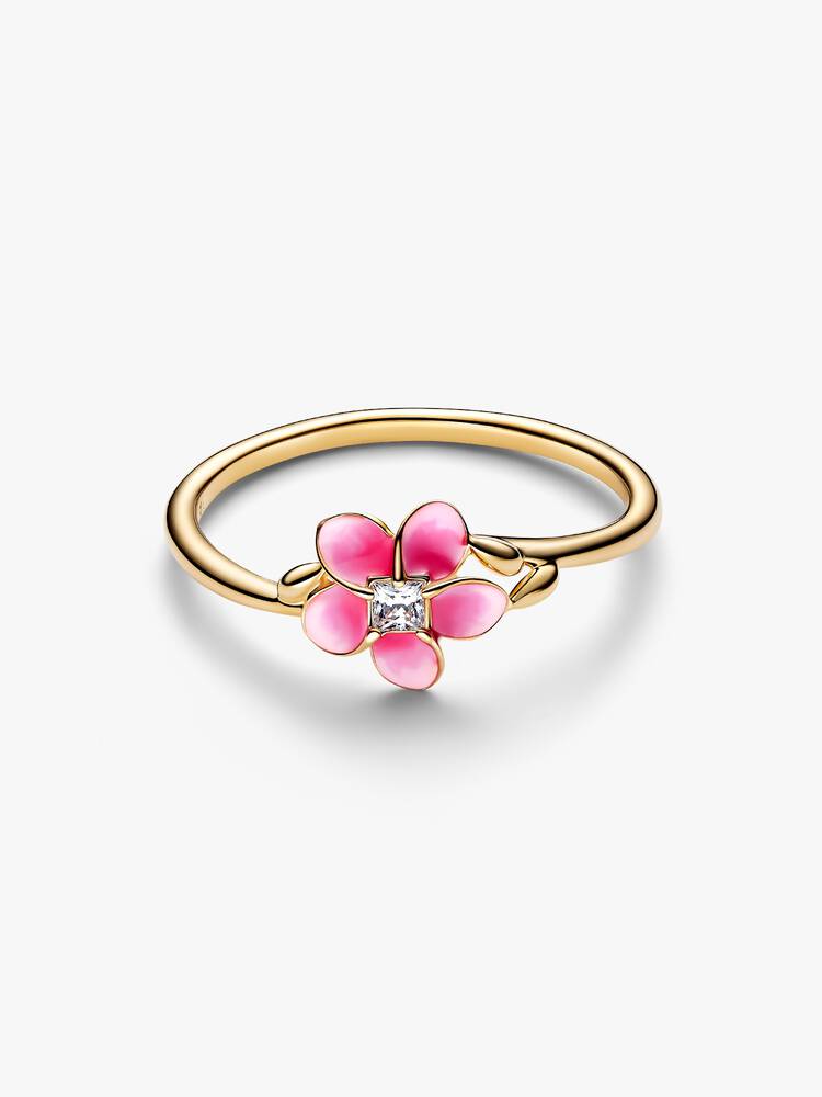 Disney Moana pink plumeria 14k gold-plated ring with clear cubic zirconia and shaded pink enamel
