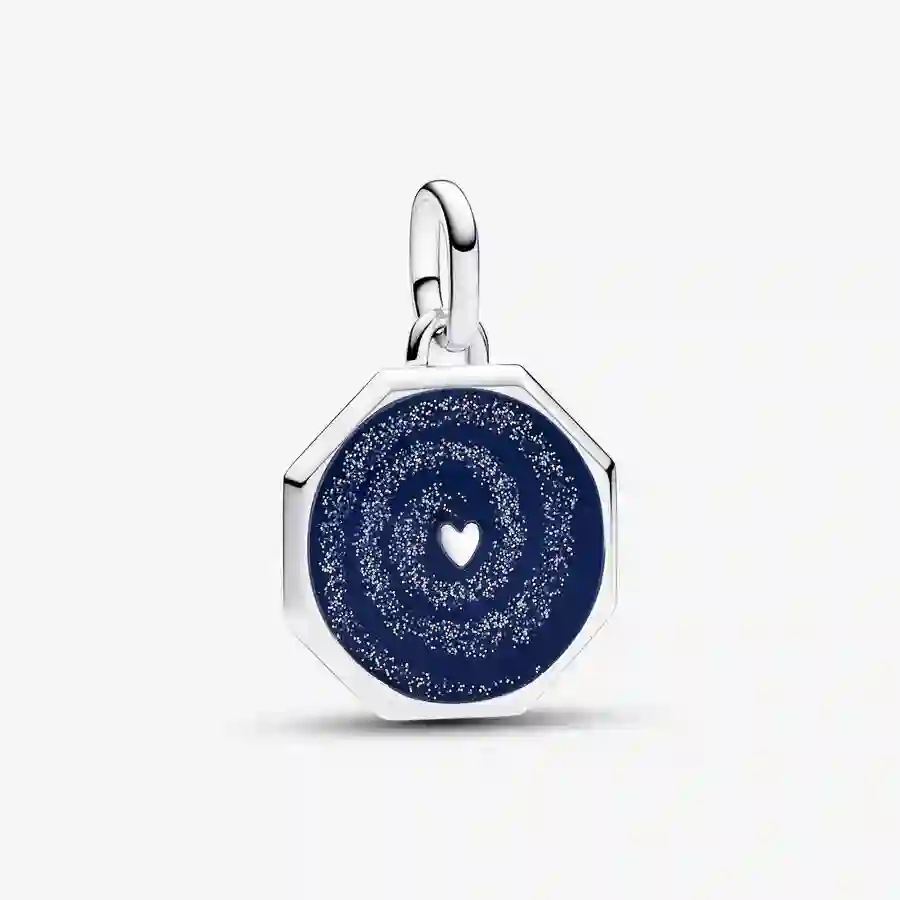 Heart octagon sterling silver medallion with glittery and blue enamel
