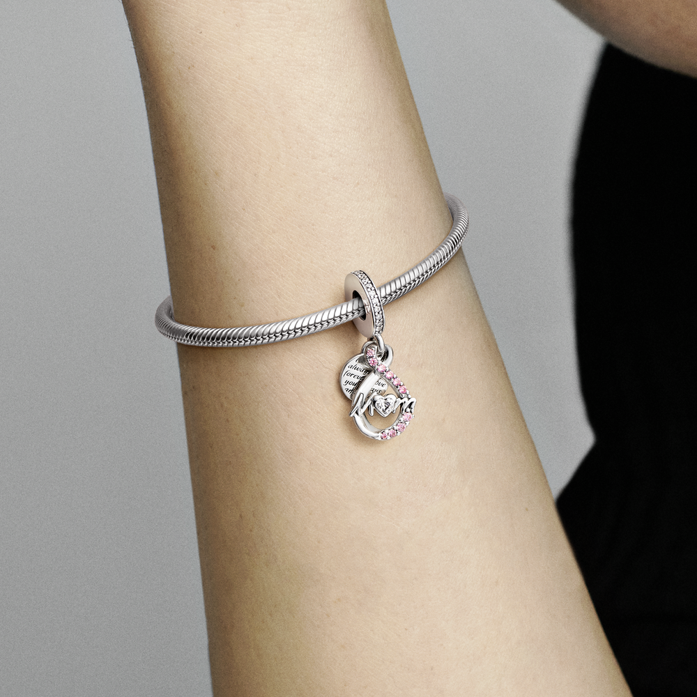 Mom infinity sterling silver dangle with clear cubic zirconia and fancy fairy tale pink cubic zircon