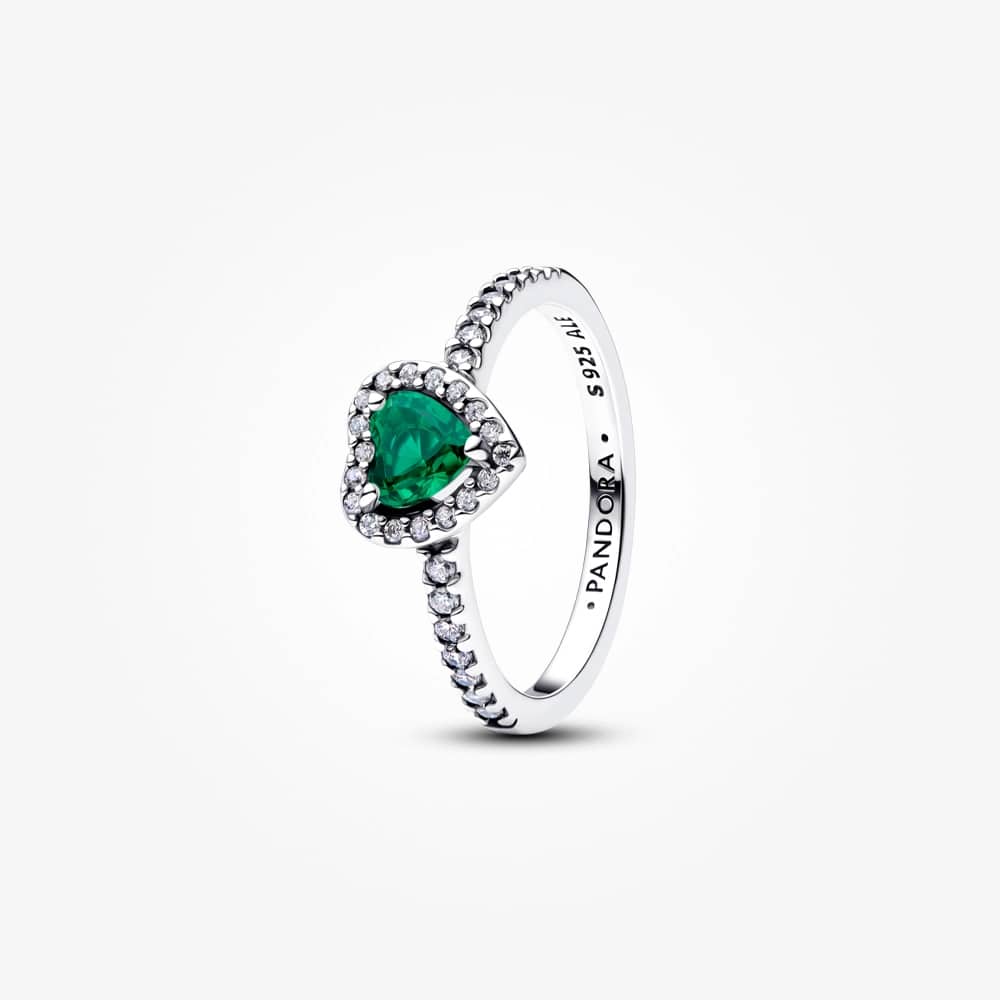 Heart sterling silver ring with royal green crystal and clear cubic zirconia