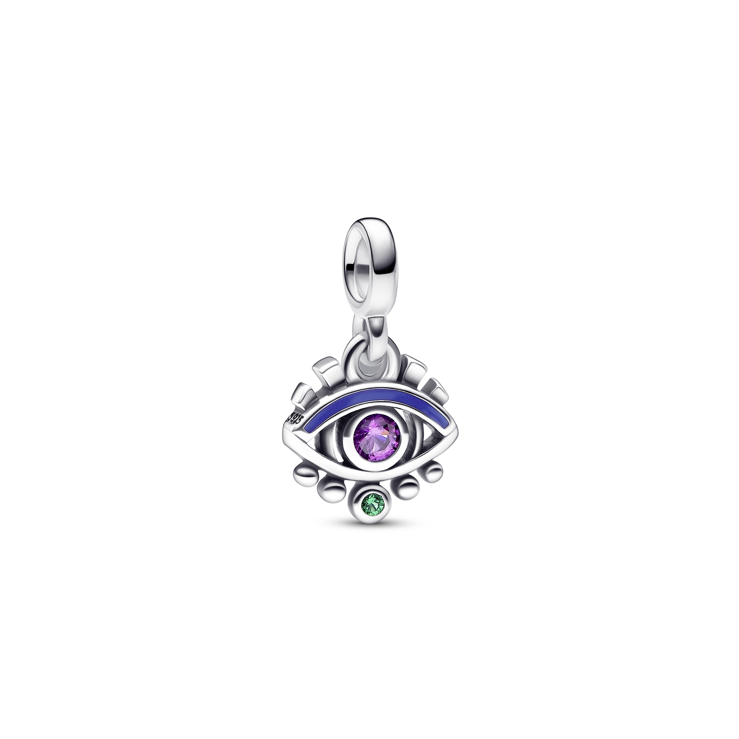 Eye sterling silver mini dangle with royal purple crystal, royal green crystal and blue enamel