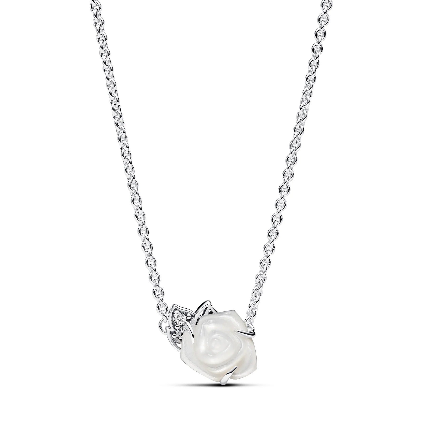 White rose sterling silver collier with white bioresin man-made mother of pearl and clear cubic zirc