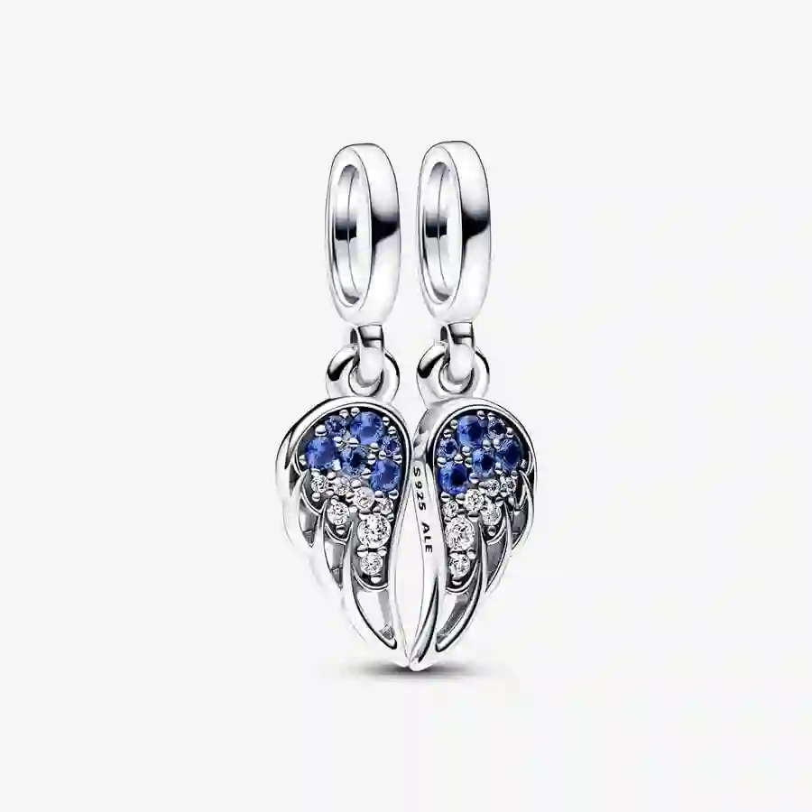 Angel wings sterling silver splittable dangle with stellar blue, skylight blue crystal and clear cub