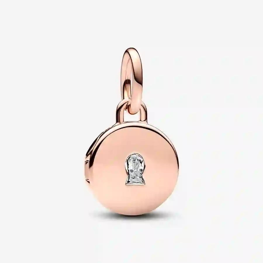 Key hole engravable locket 14k rose gold-plated dangle with clear cubic zirconia