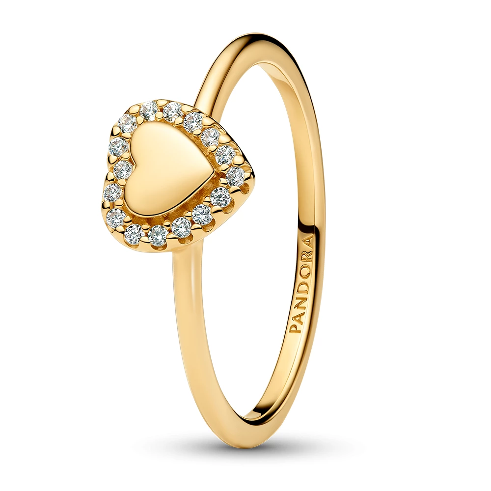 Engravable heart 14k gold-plated ring with clear c