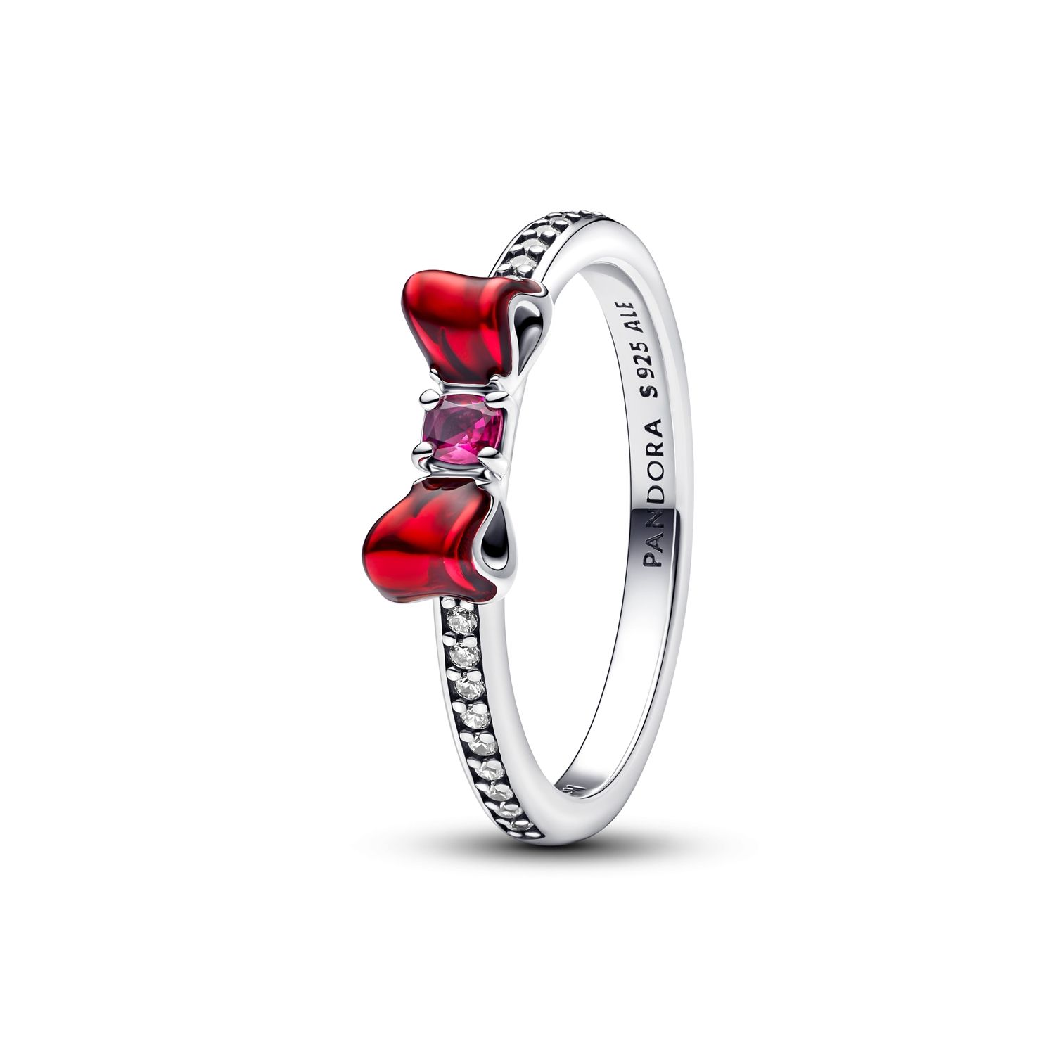 Disney Snow White bow sterling silver ring with fuchsia rose crystal, clear cubic zirconia and red e