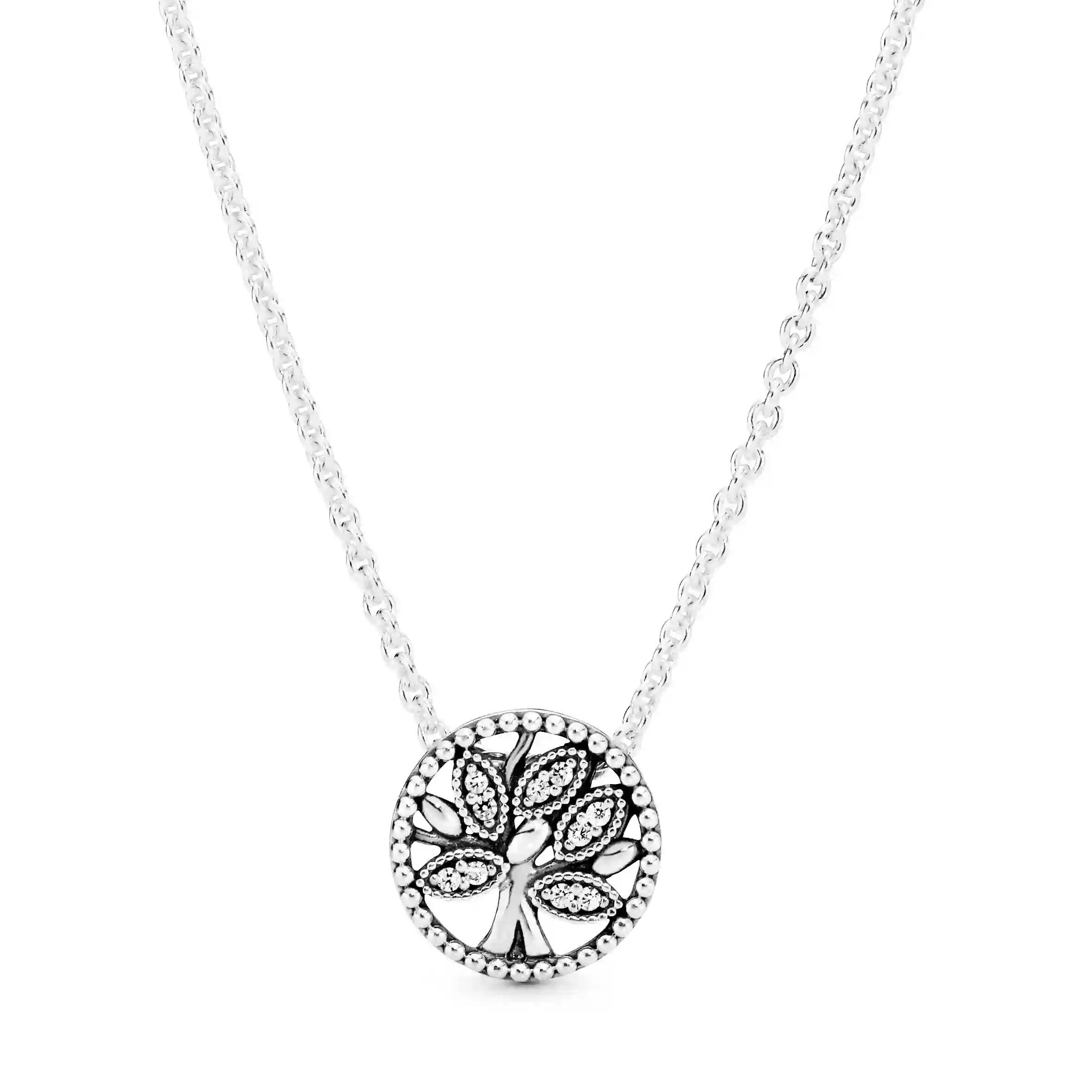 Family tree silver collier with clear cubic zircon
