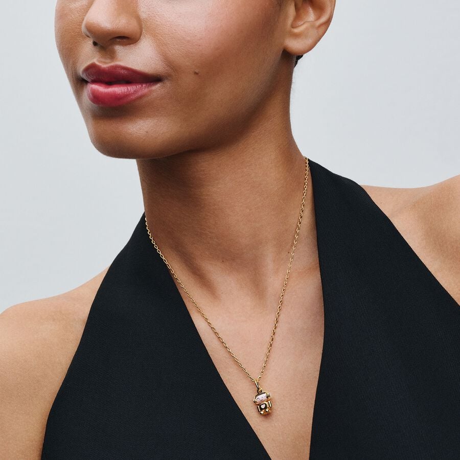 Robot sterling silver and 14k gold-plated dangle with shimmering pink enamel