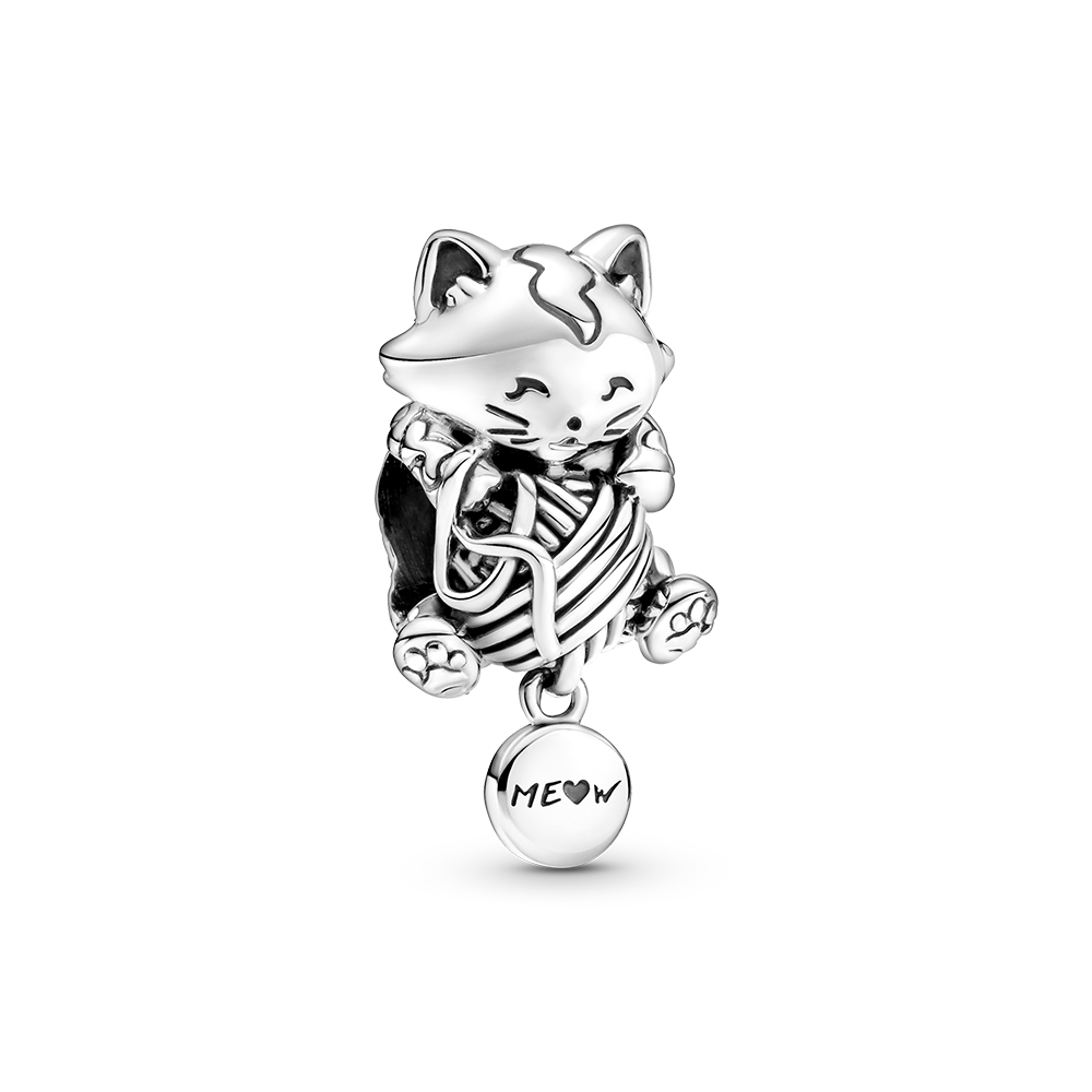 Kitten and yarn ball sterling silver charm