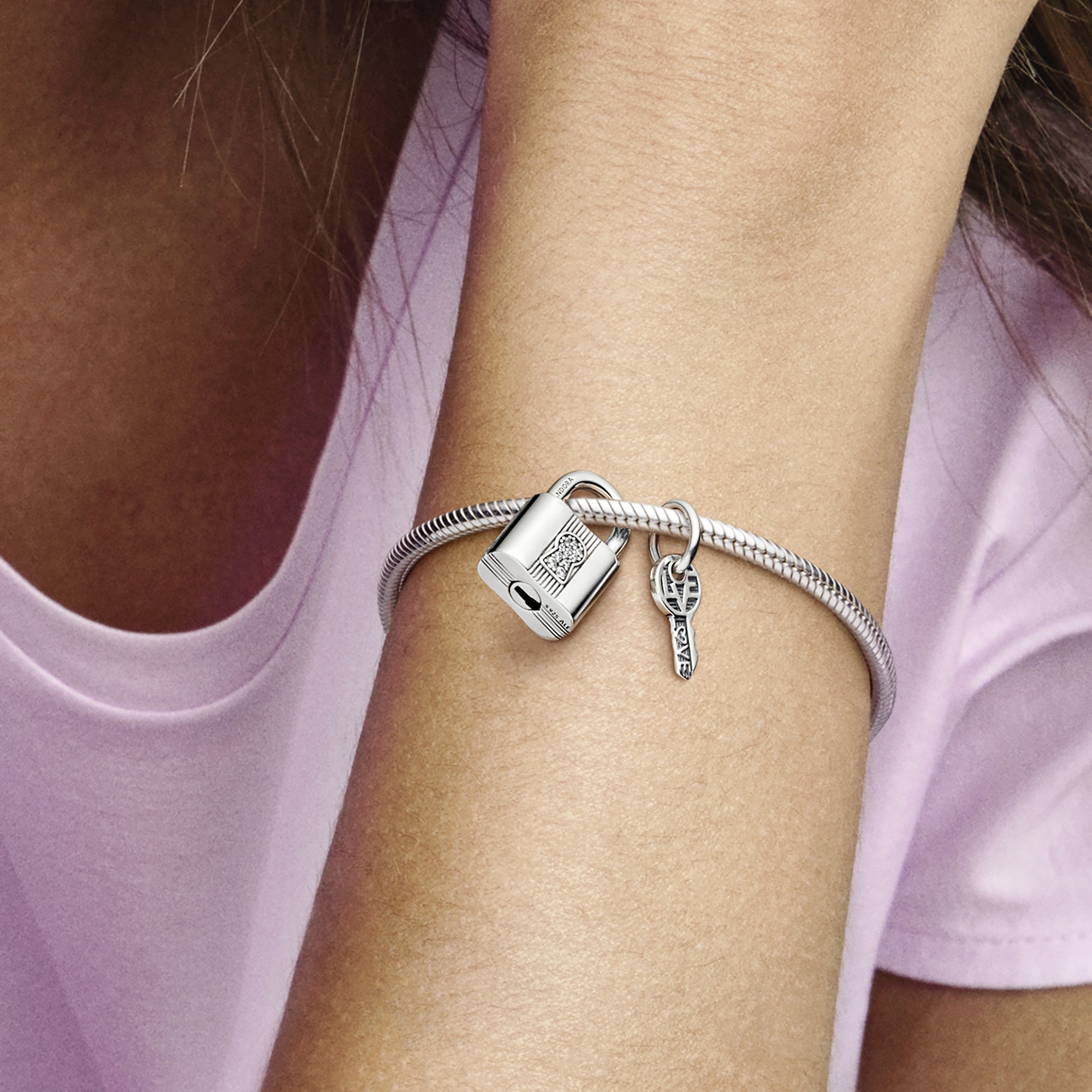 Padlock and key sterling silver dangle with clear 
