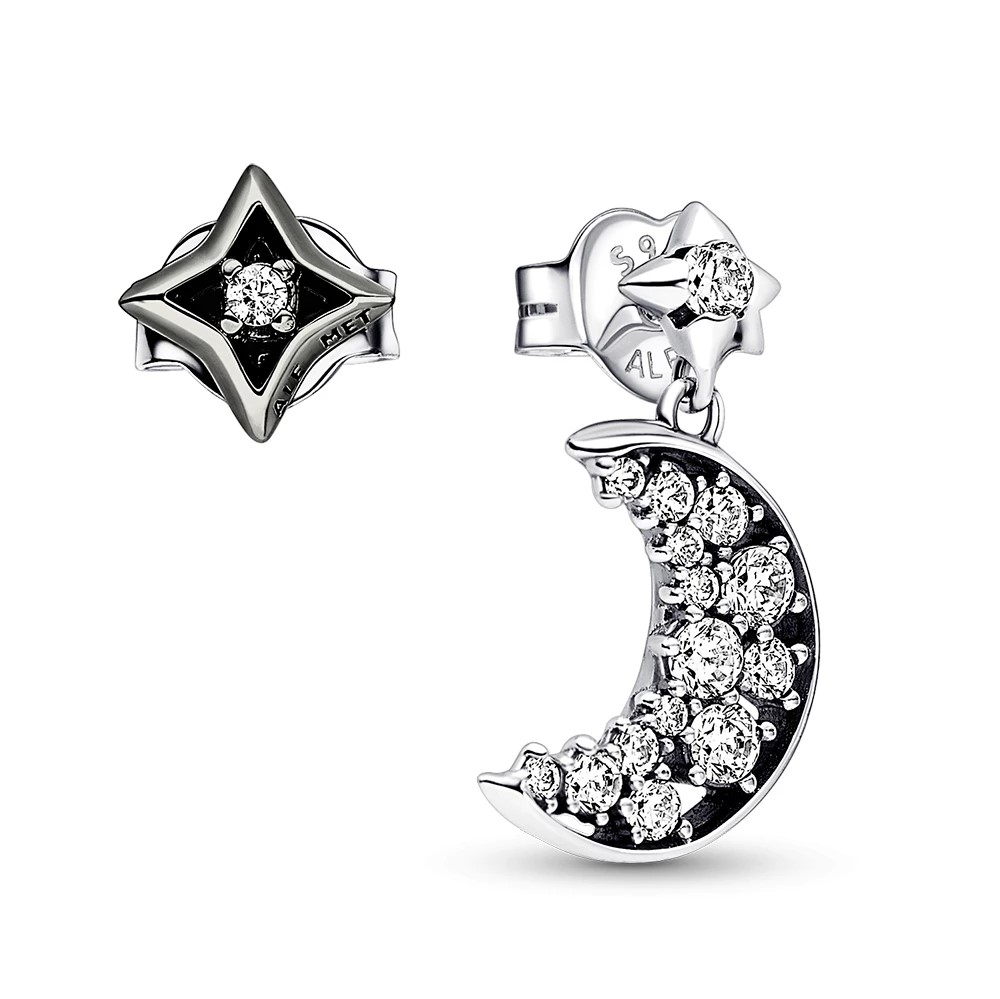 Moon and star sterling silver and ruthenium-plated stud earrings with clear cubic zirconia
