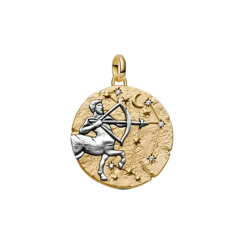 XL Sagittarius sterling silver and 14k gold-plated medallion with clear cubic zirconia