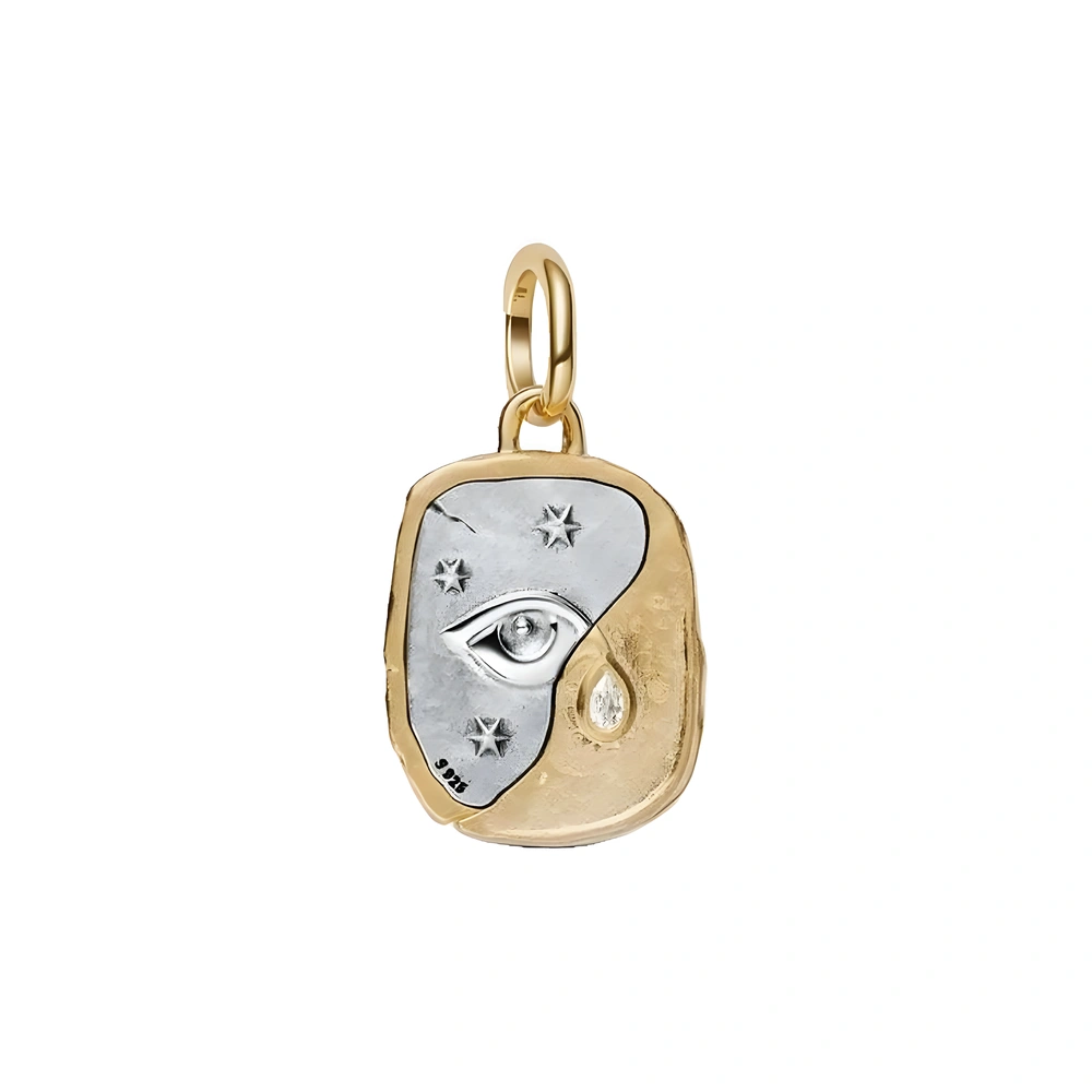 Eye sterling silver and 14k gold-plated medallion with clear cubic zirconia