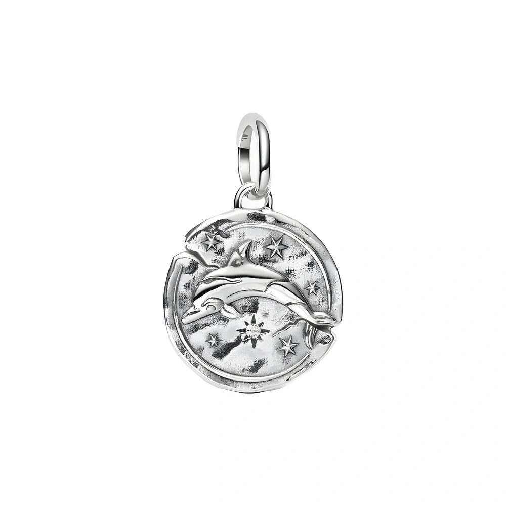 Dolphin sterling silver medallion with clear cubic zirconia