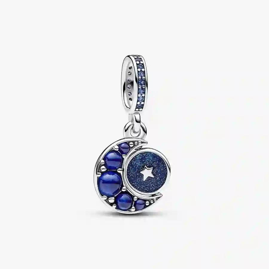Crescent moon sterling silver dangle with royal blue, stellar blue and skylight blue crystal and shi
