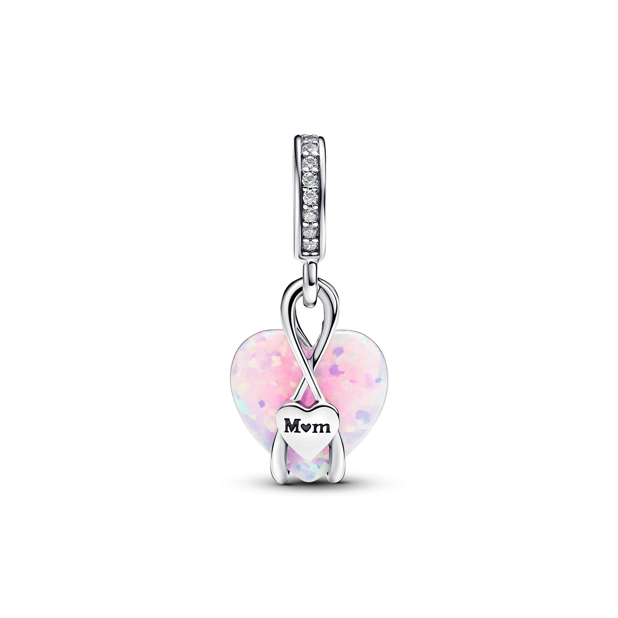 Mom heart sterling silver dangle with pink lab-cre